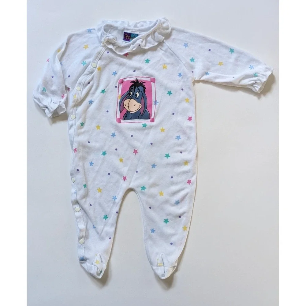 Vintage 90s Disney Pooh Eeyore Star Print Footed Sleeper One Piece White 6 Month